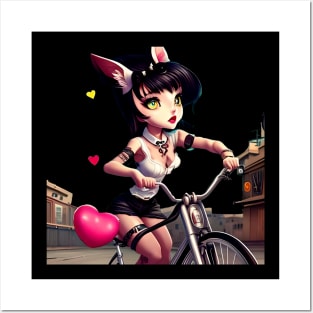 Cat girl on bicycle Posters and Art